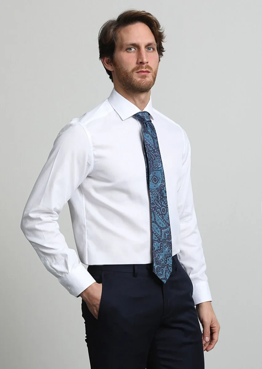 White Plain Weaving Classical 100% Cotton Shirt - 1