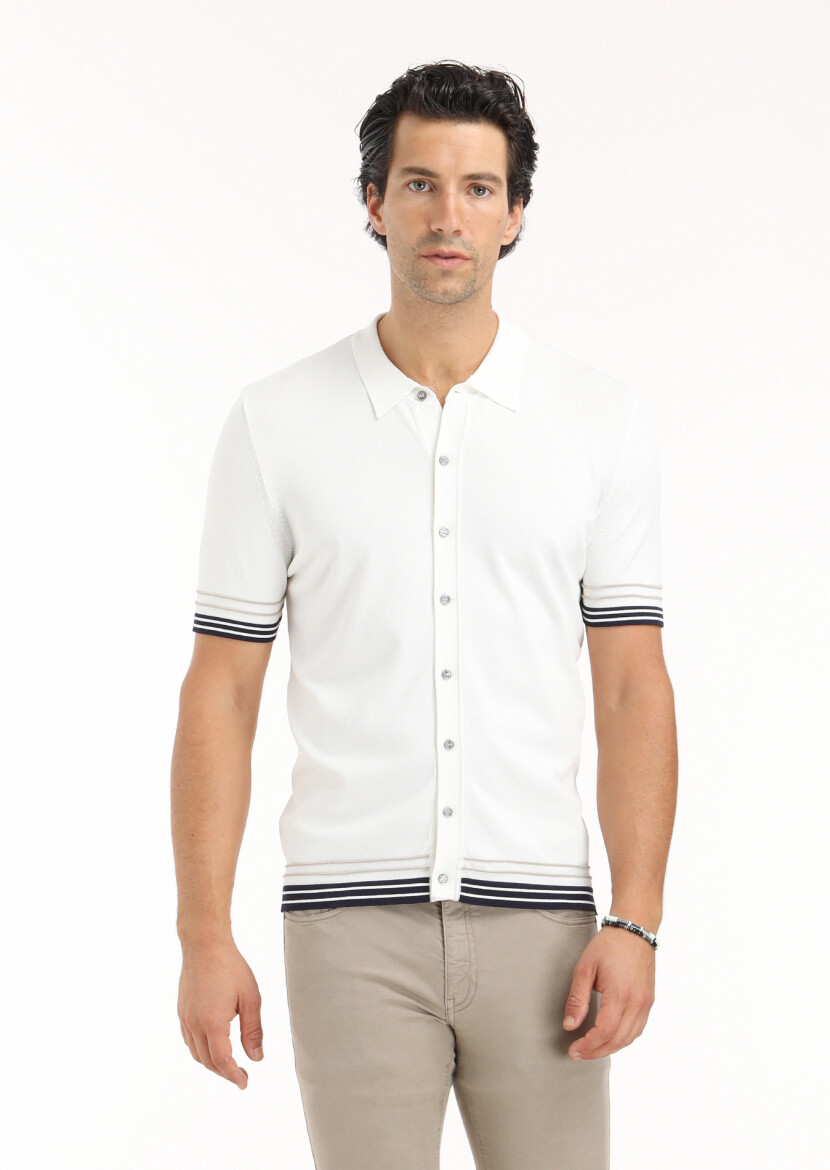 White Polo Neck Plain Knitting Cardigan 