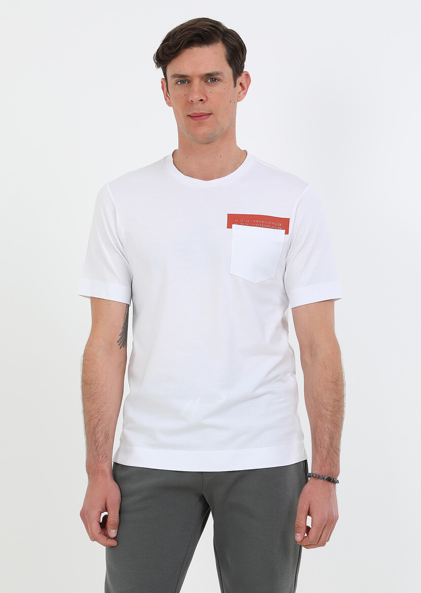 White Printed Crew Neck 100% Cotton T-Shirt - 1