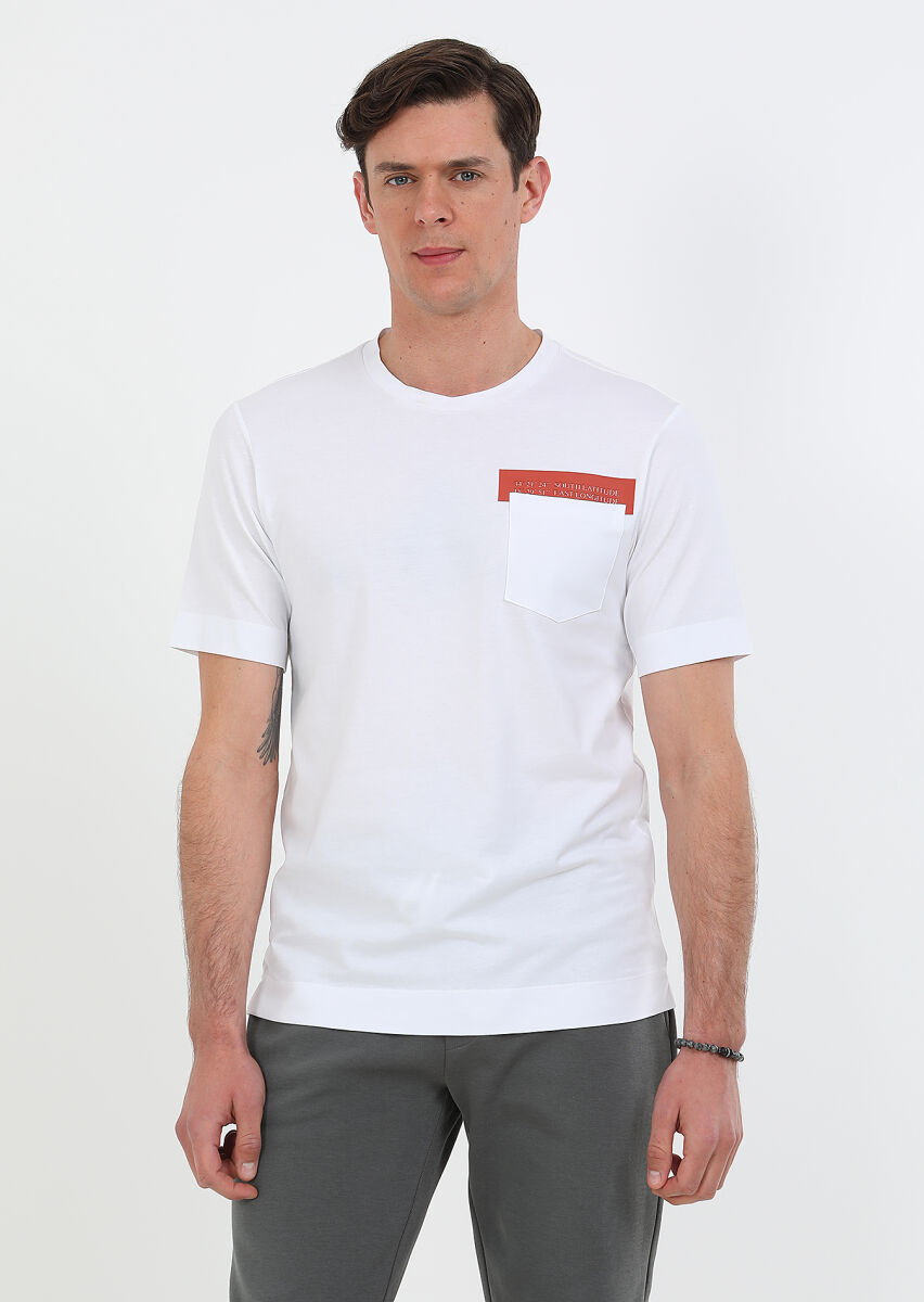 White Printed Crew Neck 100% Cotton T-Shirt - 1