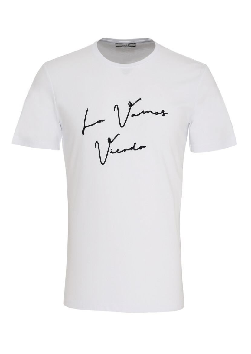 White Printed Crew Neck 100% Cotton T-Shirt - 1