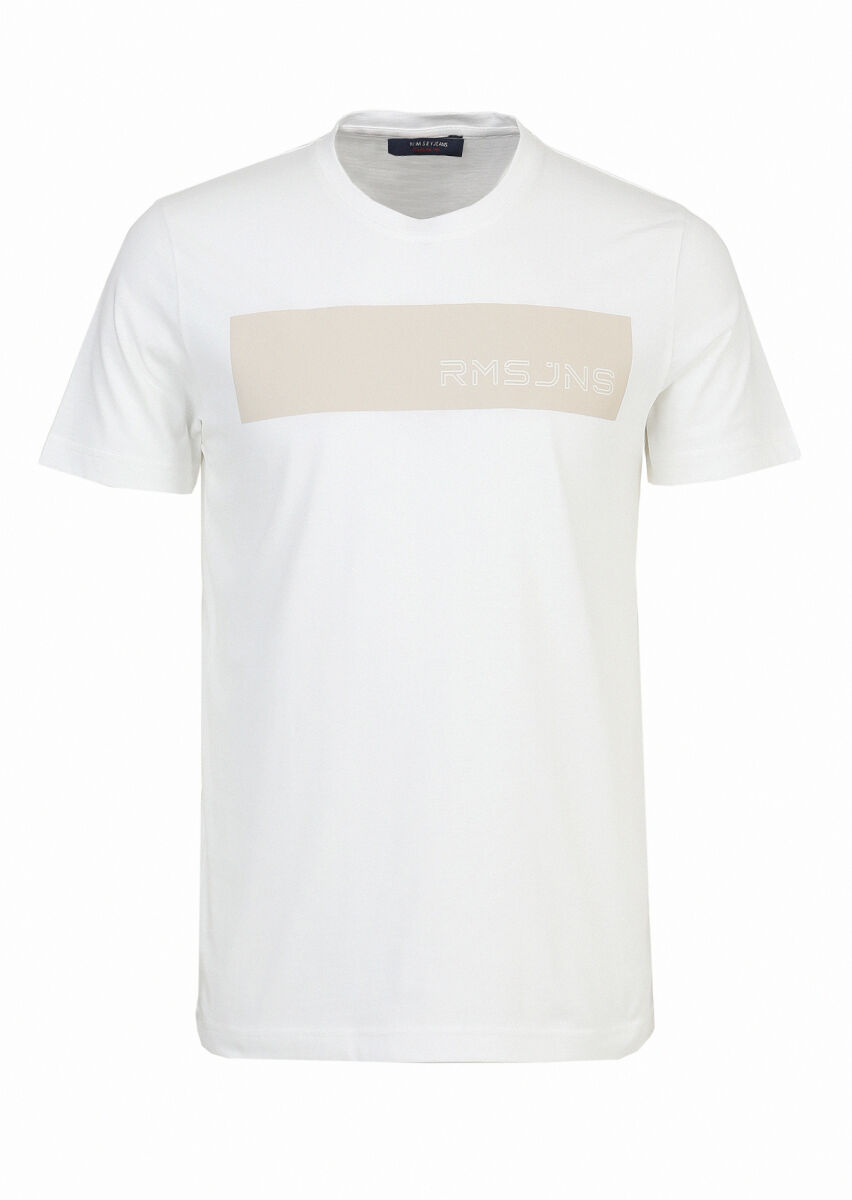 White Printed Crew Neck 100% Cotton T-Shirt - 1