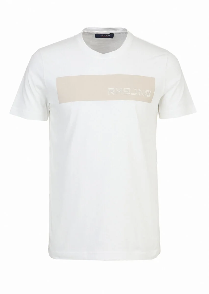 White Printed Crew Neck 100% Cotton T-Shirt - 7