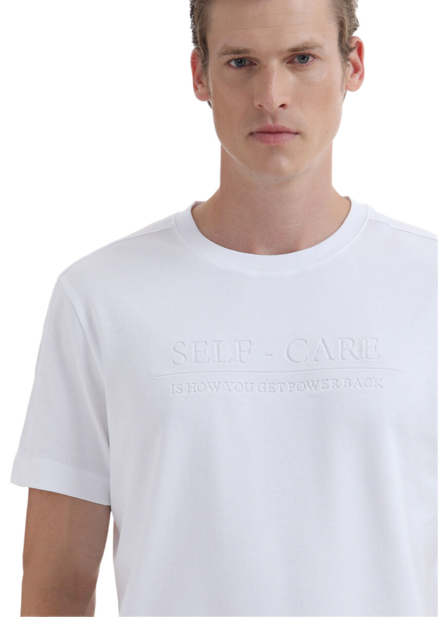 White Printed Crew Neck 100% Cotton T-Shirt - 4