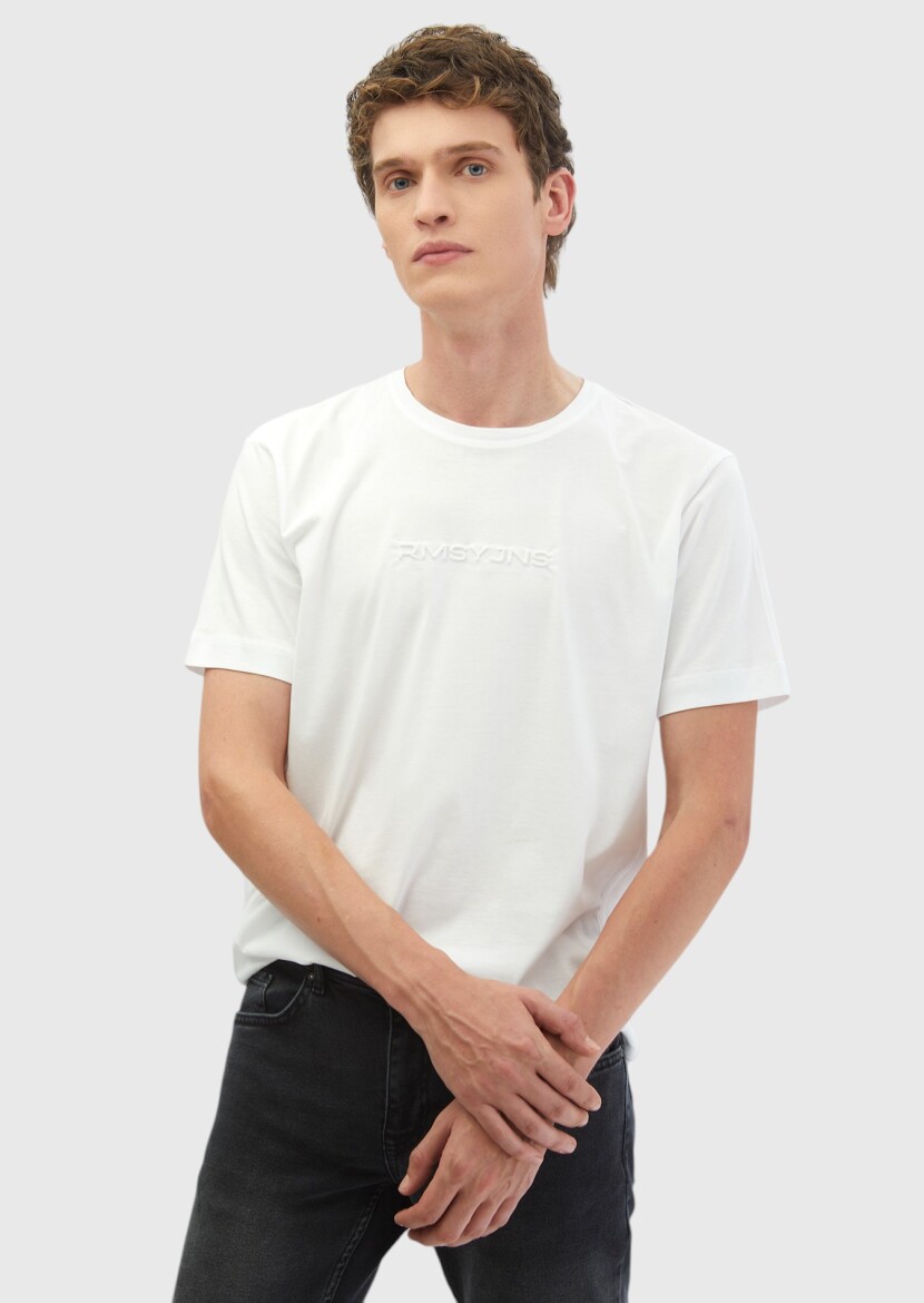 White Printed Crew Neck 100% Cotton T-Shirt - RAMSEY