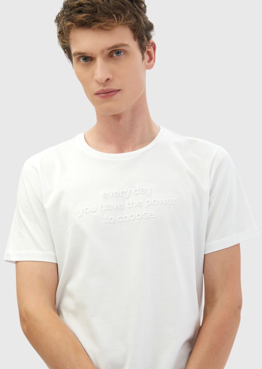 White Printed Crew Neck 100% Cotton T-Shirt - 3