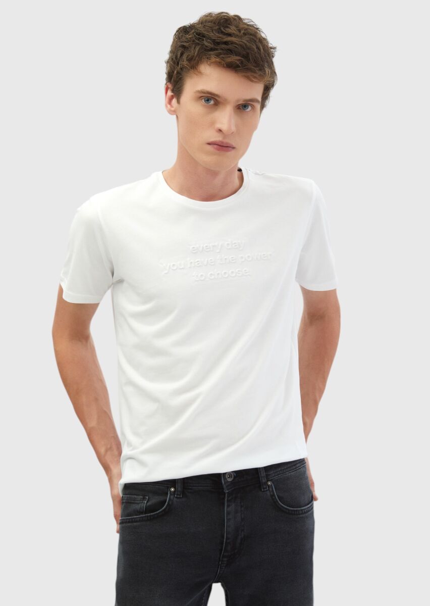 White Printed Crew Neck 100% Cotton T-Shirt - 1