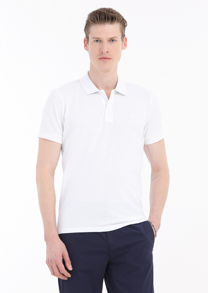 White Printed Polo Neck 100% Cotton T-Shirt - 2