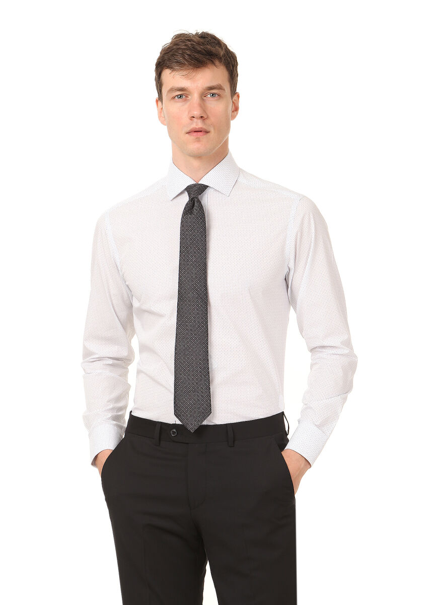 White Printed Regular Fit Long Weaving Classical 100% Cotton Shirt - 1