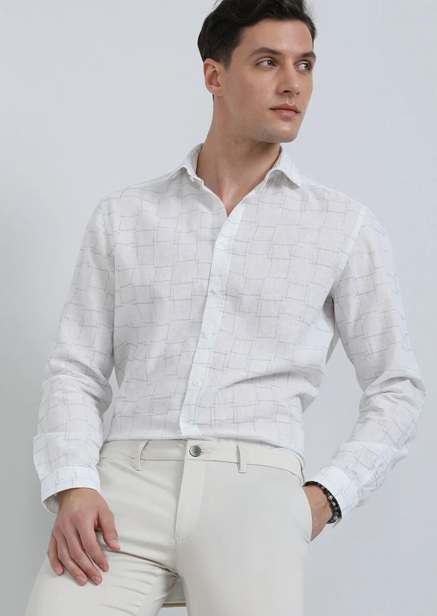 White Printed Regular Fit Weaving Casual Cotton Blended Shirt - 1