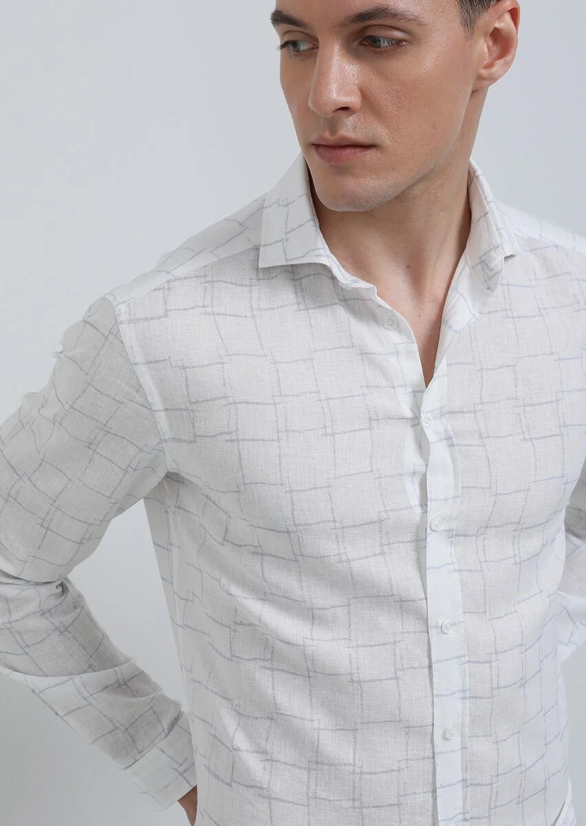 White Printed Regular Fit Weaving Casual Cotton Blended Shirt - 4