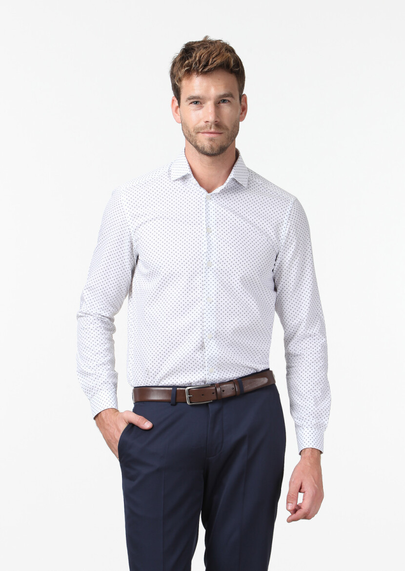 White Printed Regular Fit Weaving Classical 100% Cotton Shirt - 1