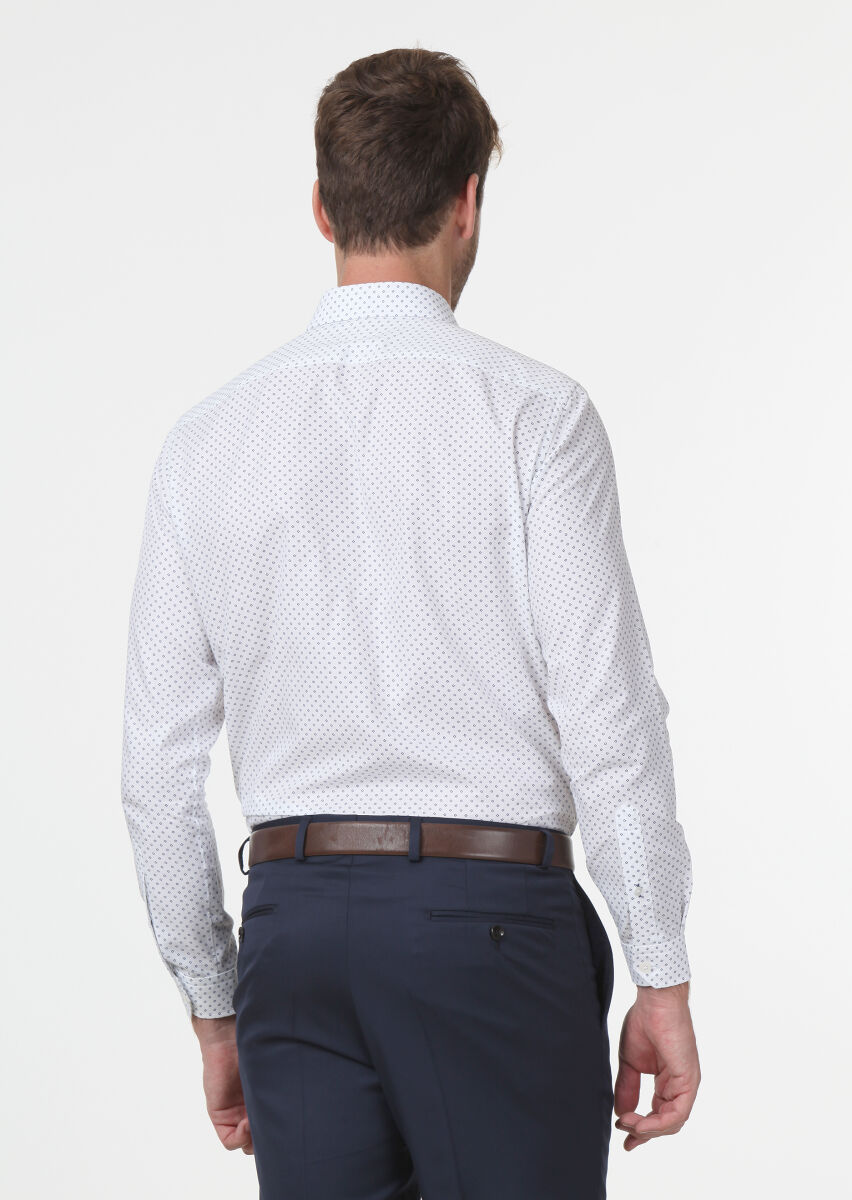 White Printed Regular Fit Weaving Classical 100% Cotton Shirt - 4