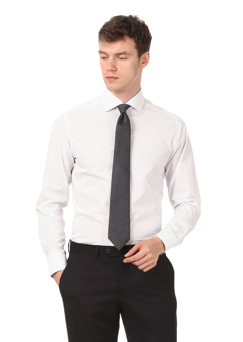 White Printed Regular Fit Weaving Classical 100% Cotton Shirt - 3