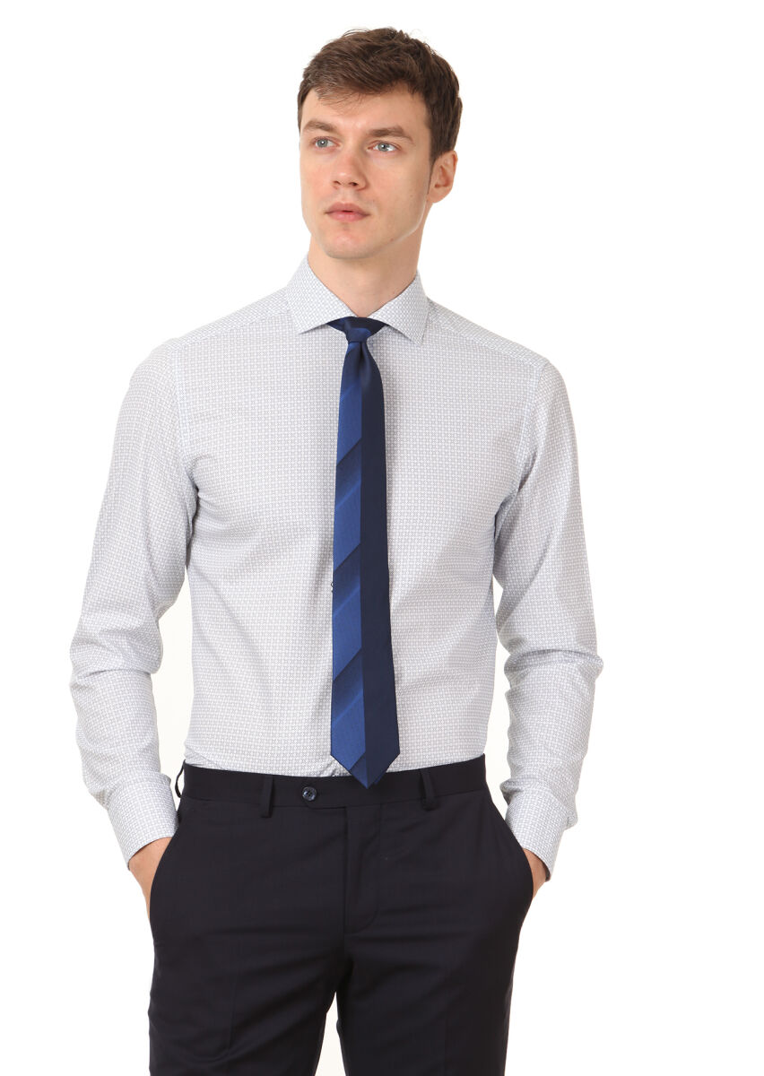 White Printed Slim Fit Long Weaving Classical 100% Cotton Shirt - 1