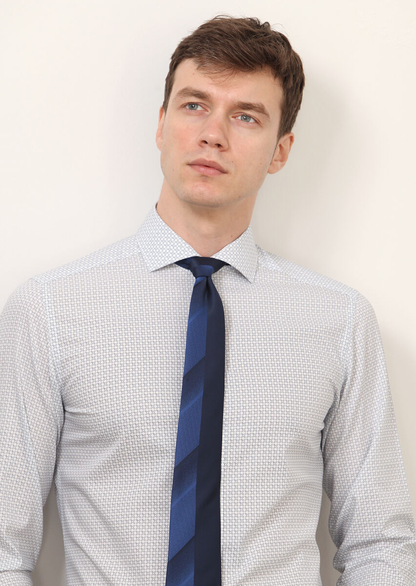 White Printed Slim Fit Long Weaving Classical 100% Cotton Shirt - 2