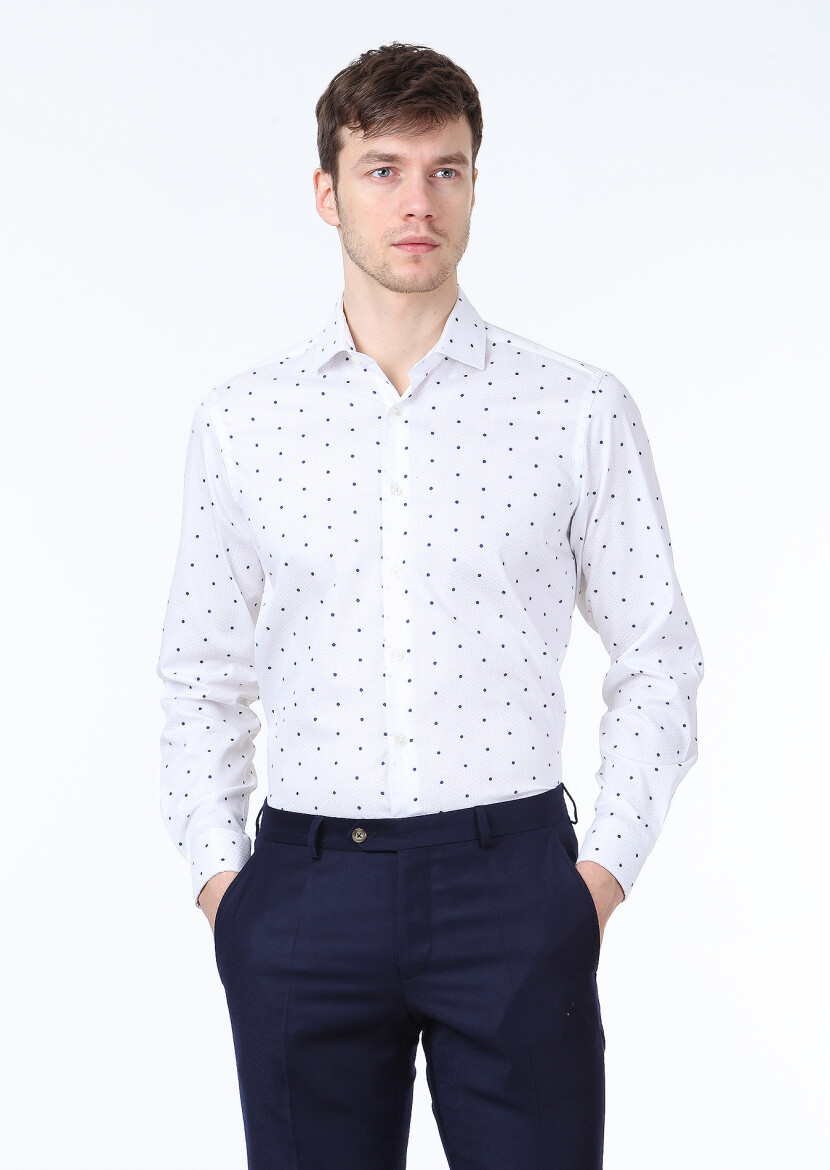 White Printed Slim Fit Long Weaving Classical 100% Cotton Shirt - 1