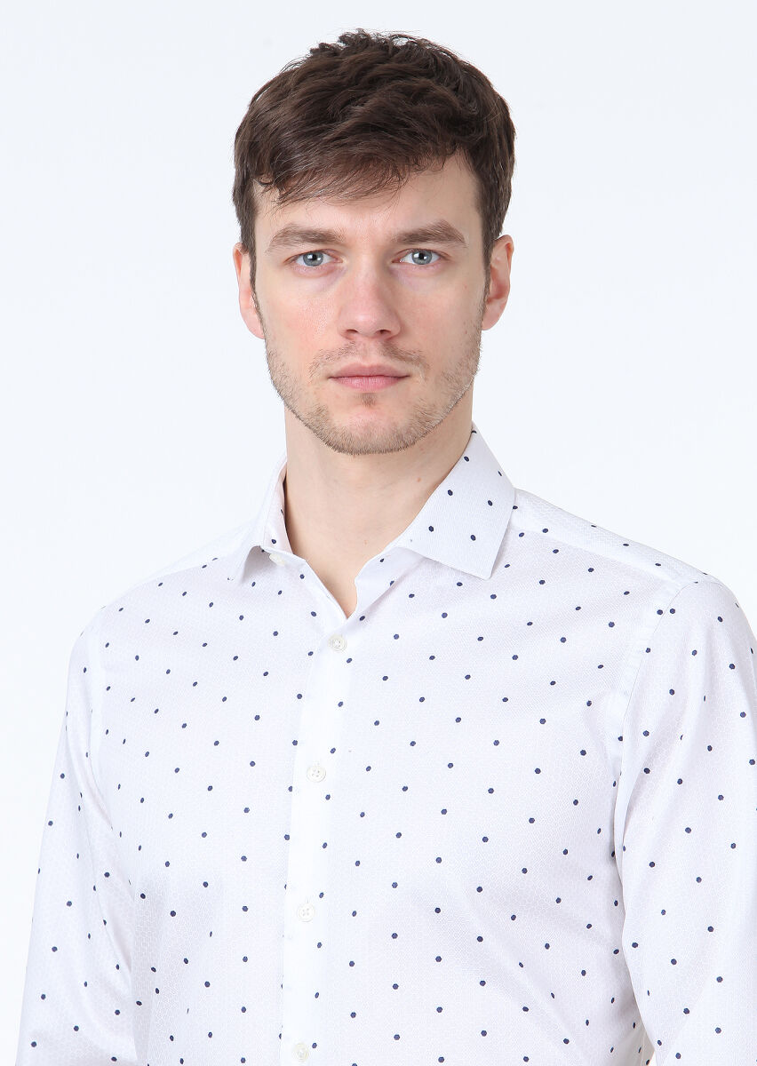 White Printed Slim Fit Long Weaving Classical 100% Cotton Shirt - 2