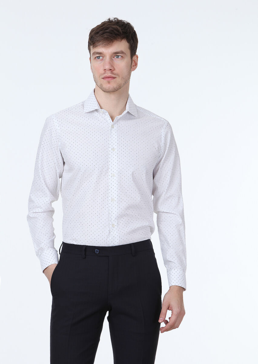 White Printed Slim Fit Long Weaving Classical 100% Cotton Shirt - 1
