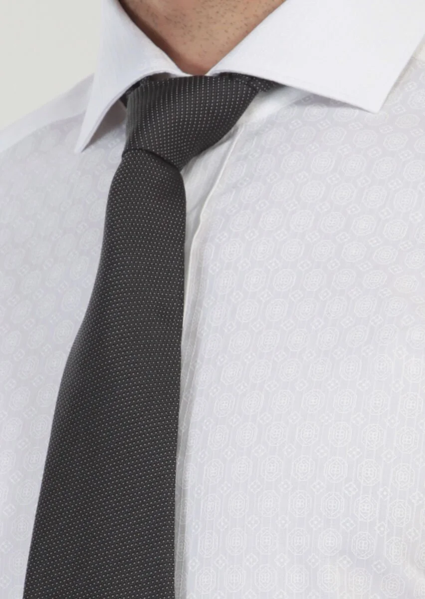 White Printed Slim Fit Weaving Classical 100% Cotton Shirt - 4