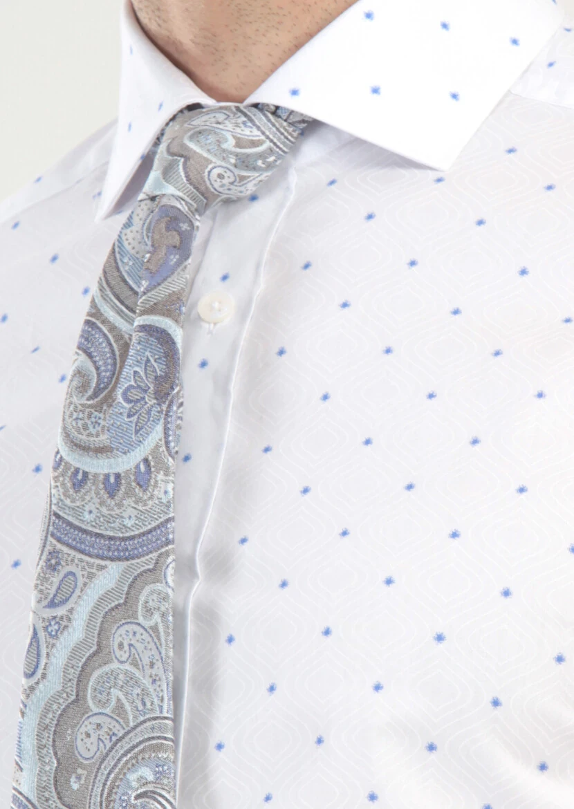White Printed Slim Fit Weaving Classical 100% Cotton Shirt - 5