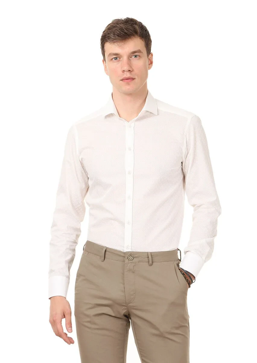 White Printed Slim Fit Weaving Classical 100% Cotton Shirt - 1