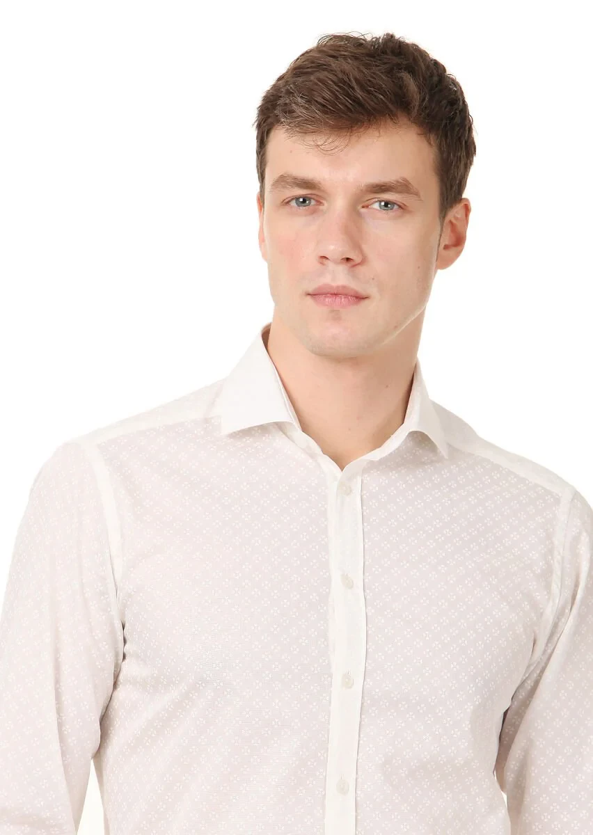 White Printed Slim Fit Weaving Classical 100% Cotton Shirt - 2