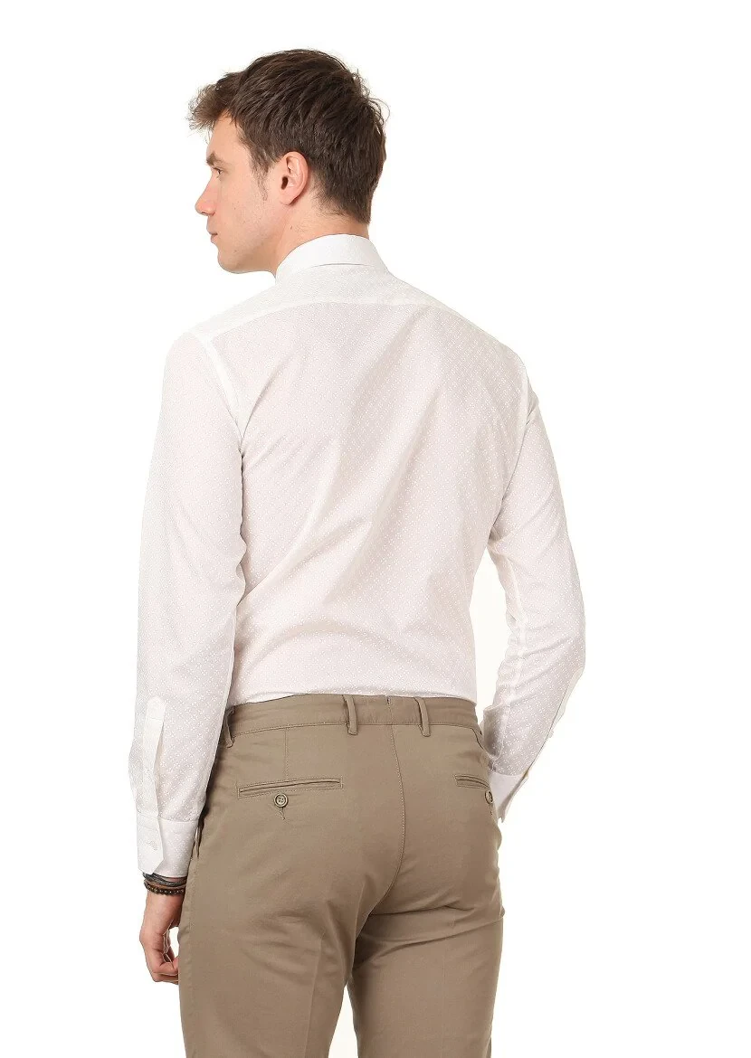 White Printed Slim Fit Weaving Classical 100% Cotton Shirt - 4