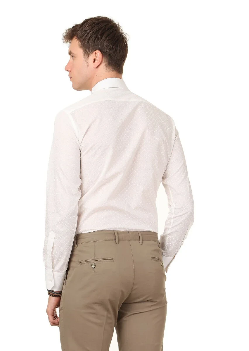 White Printed Slim Fit Weaving Classical 100% Cotton Shirt - 4