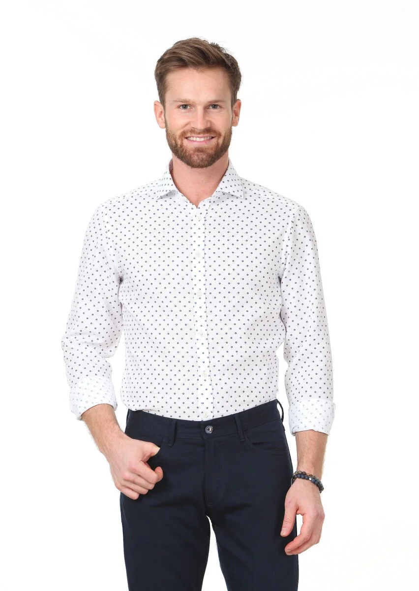 White Printed Slim Fit Weaving Classical 100% Cotton Shirt - 1