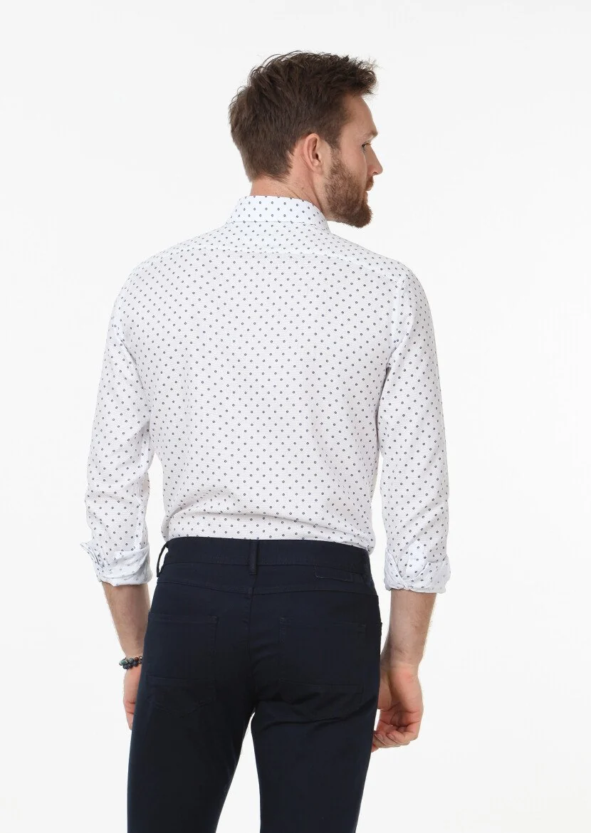 White Printed Slim Fit Weaving Classical 100% Cotton Shirt - 4