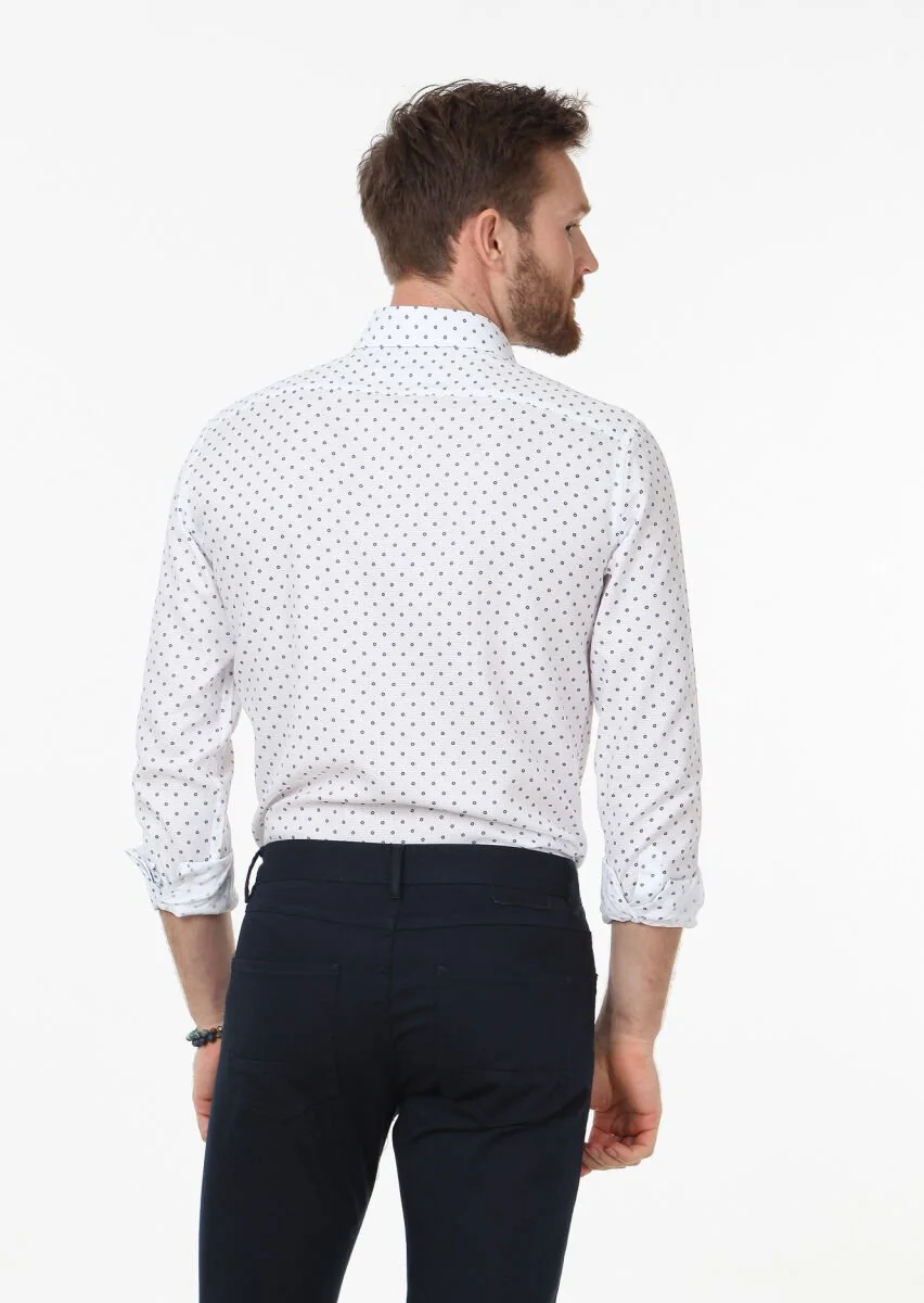 White Printed Slim Fit Weaving Classical 100% Cotton Shirt - 4
