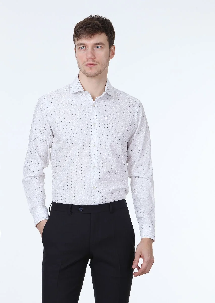White Printed Slim Fit Weaving Classical 100% Cotton Shirt - 1