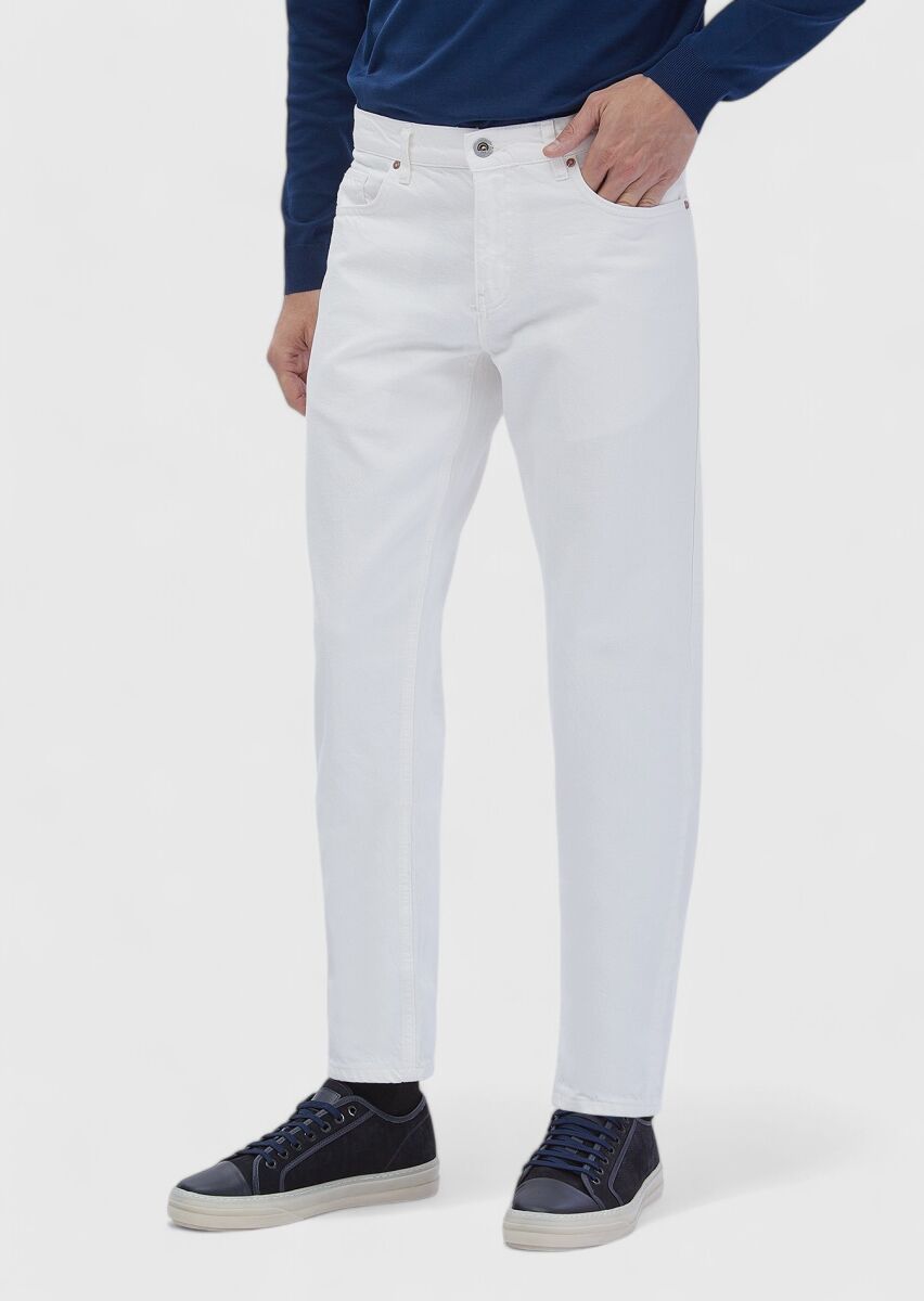 White Regular Fit Denim 100% Cotton Trousers - 3