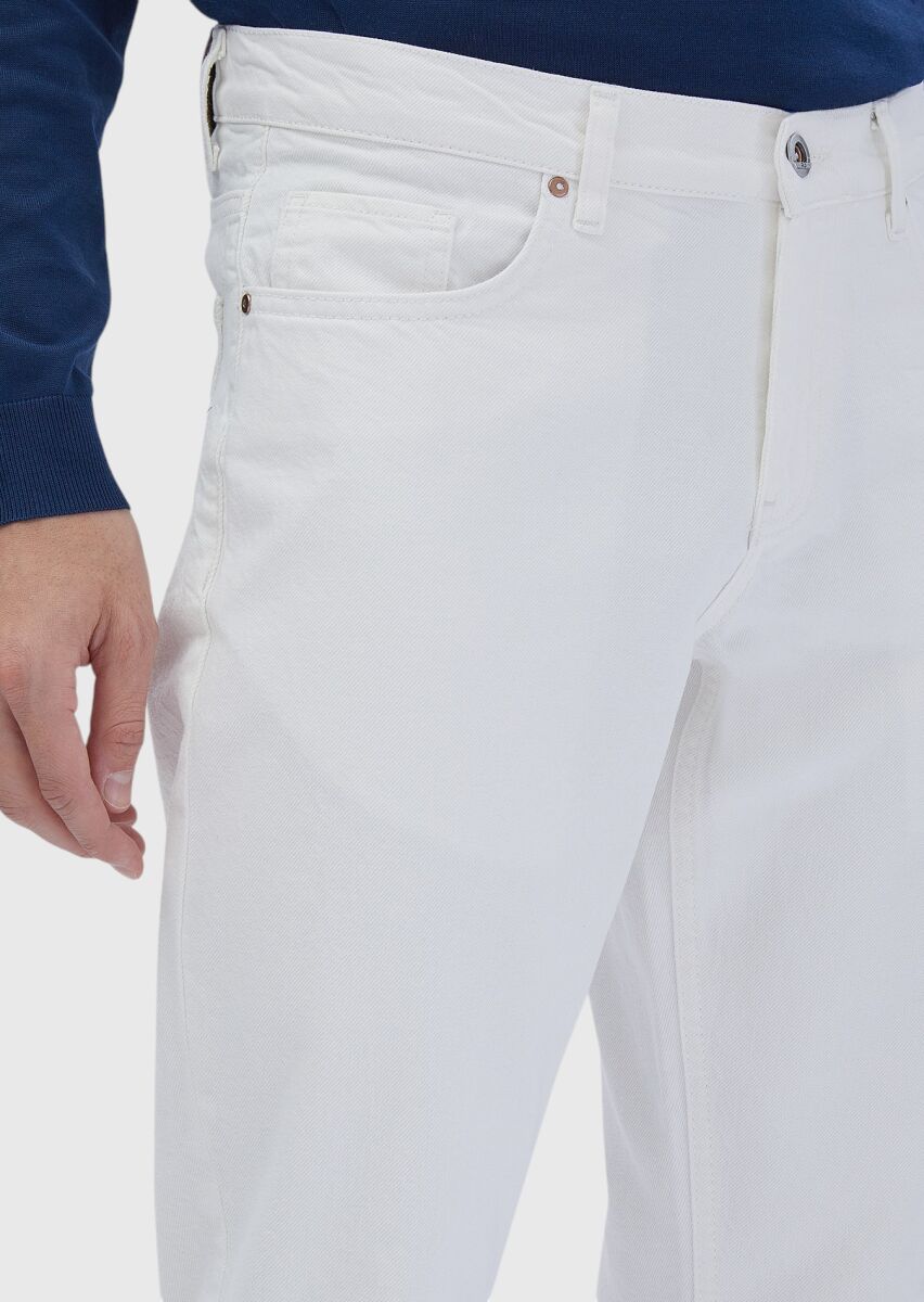 White Regular Fit Denim 100% Cotton Trousers - 4