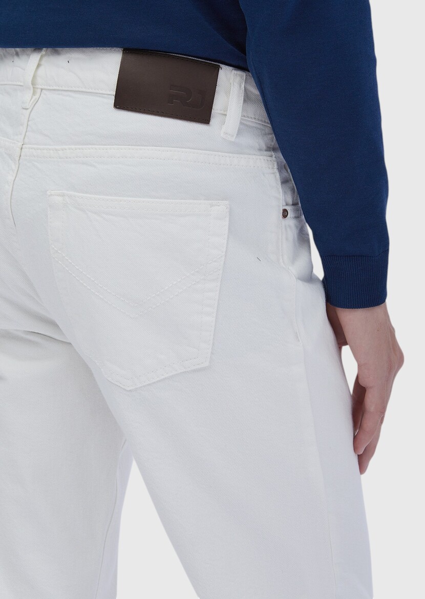 White Regular Fit Denim 100% Cotton Trousers - 5