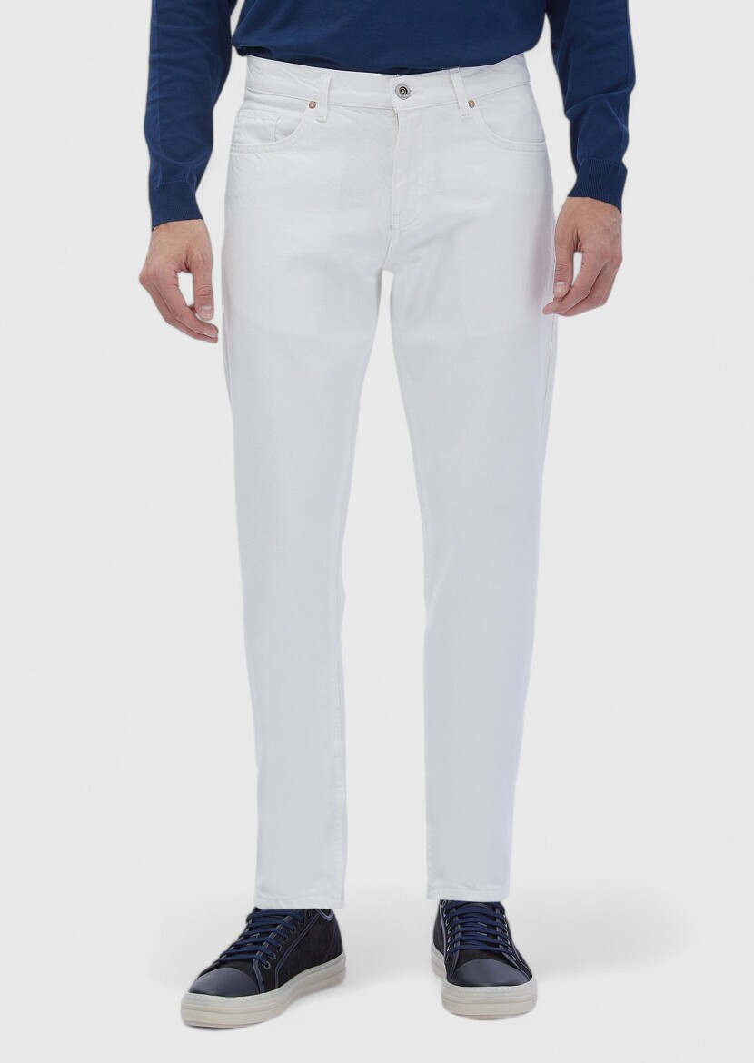 White Regular Fit Denim 100% Cotton Trousers - 2