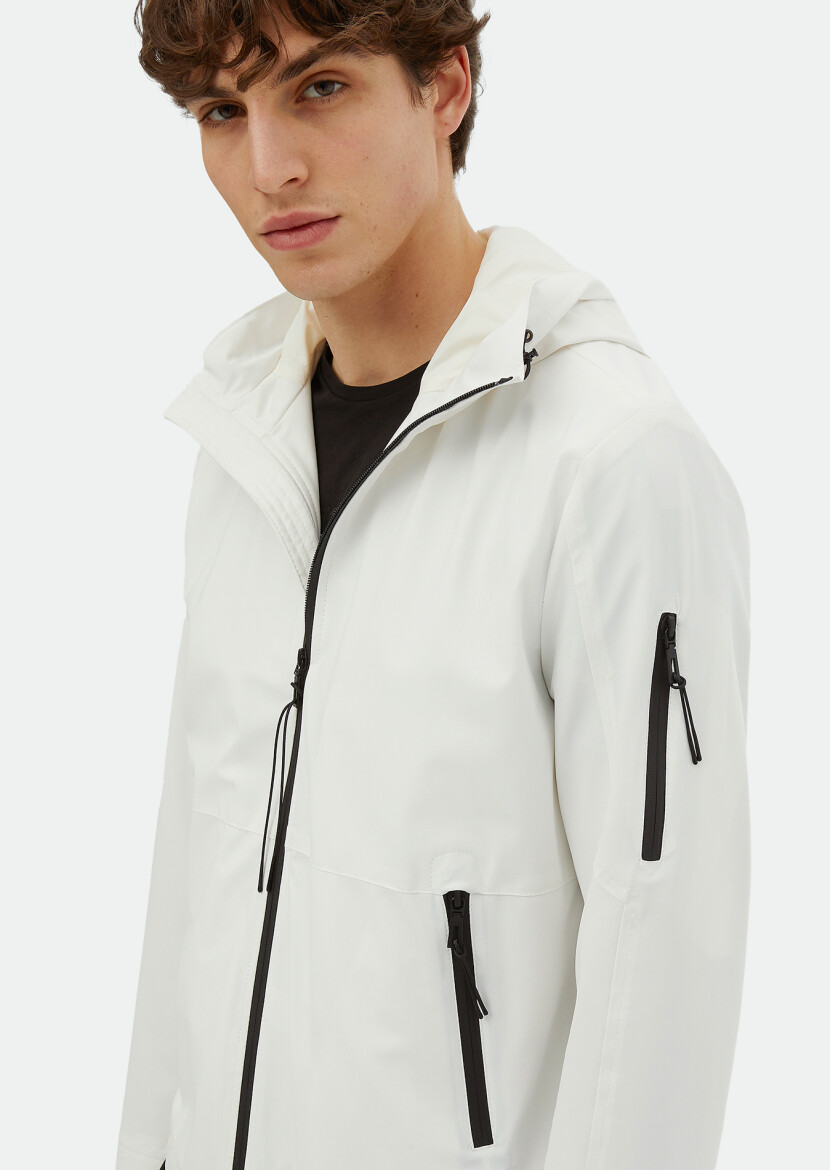 White Regular Fit Hooded Casual Weaving Coat - 3