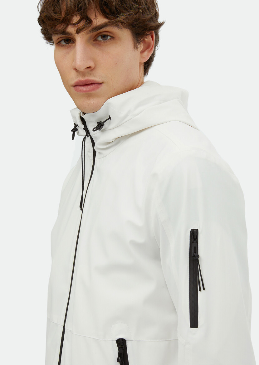 White Regular Fit Hooded Casual Weaving Coat - 4