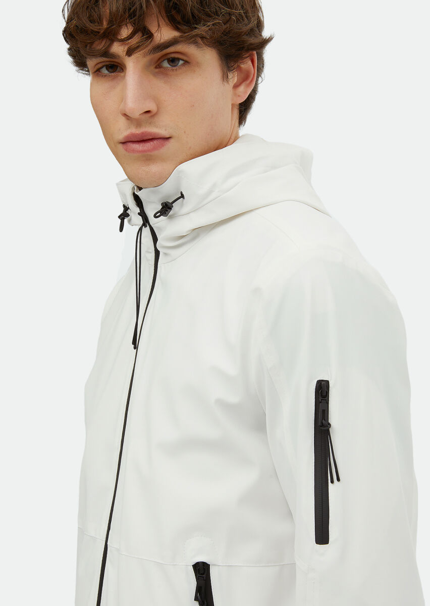 White Regular Fit Hooded Casual Weaving Coat - 4