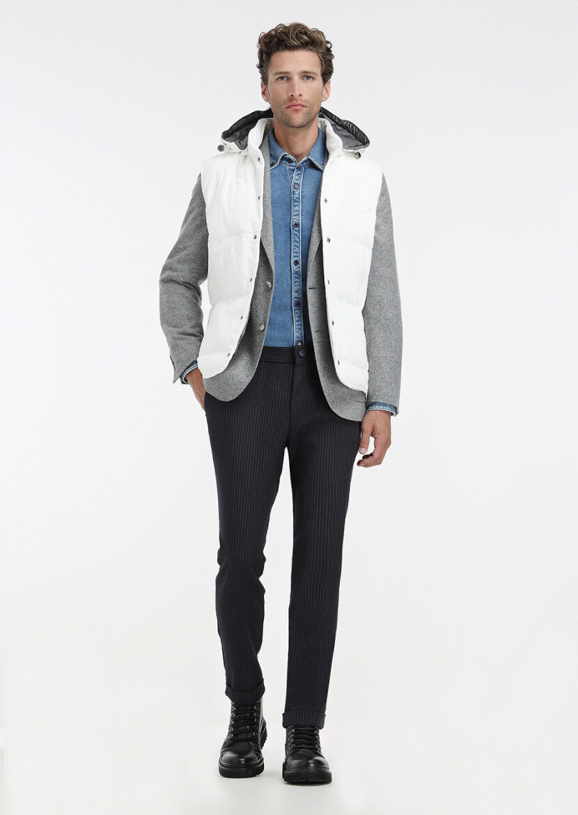 White Regular Fit Hooded Casual Weaving Puffer Vest - 1
