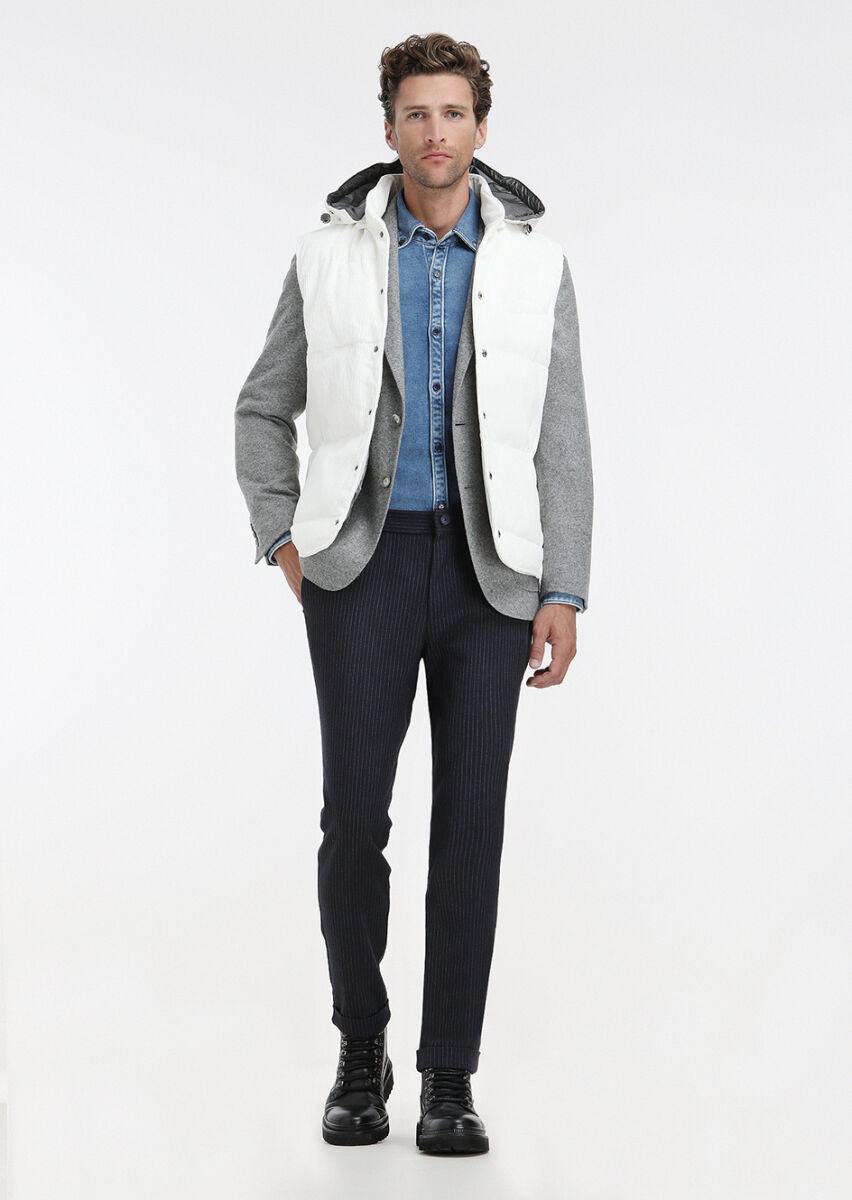 White Regular Fit Hooded Casual Weaving Puffer Vest - 1