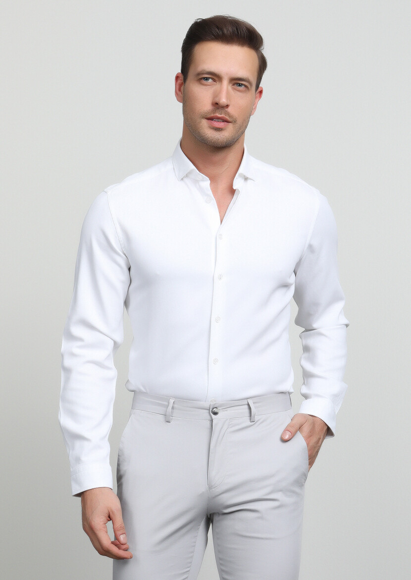 White Regular Fit Long Weaving Casual Cotton Blended Shirt - 1
