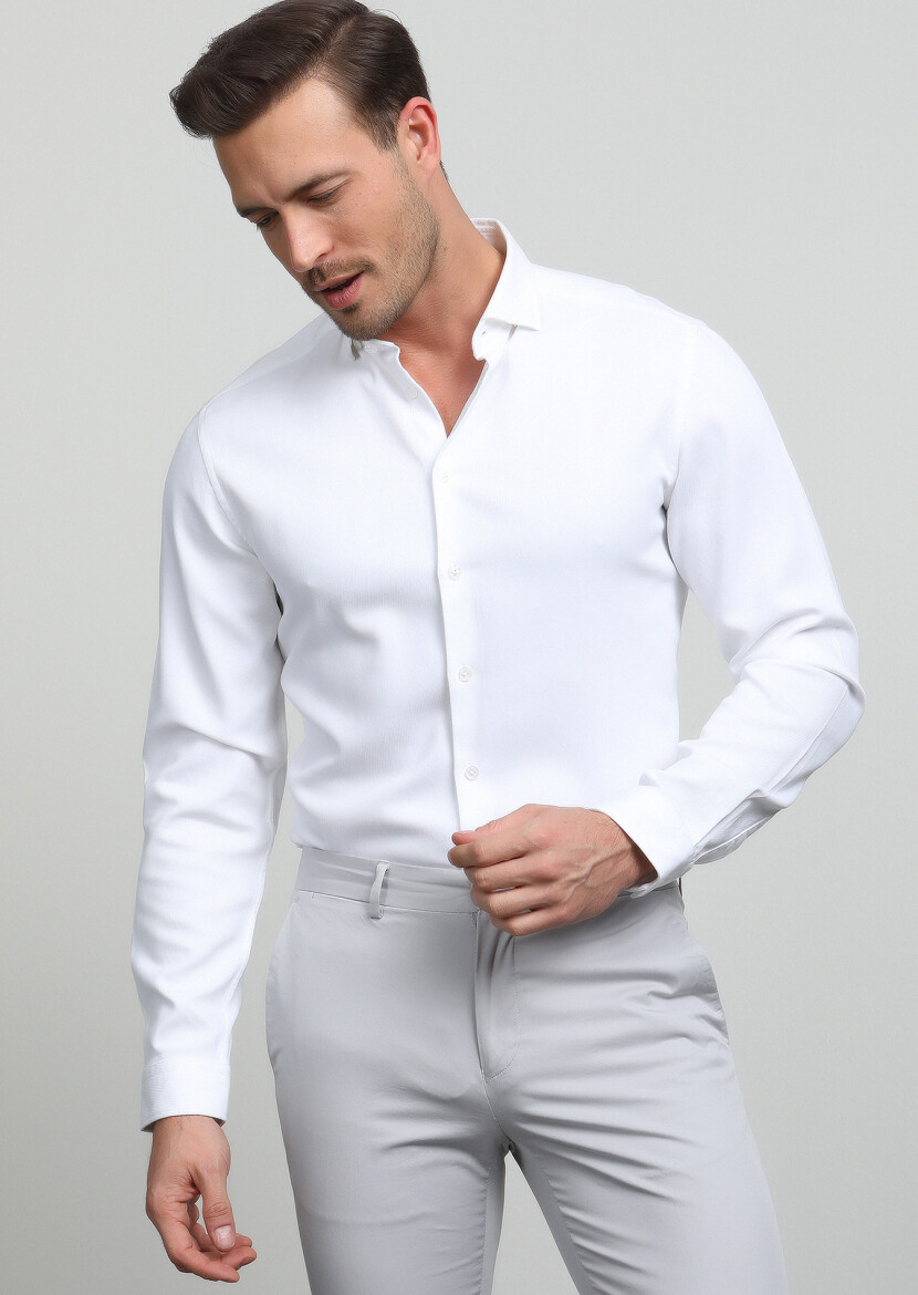White Regular Fit Long Weaving Casual Cotton Blended Shirt - 3
