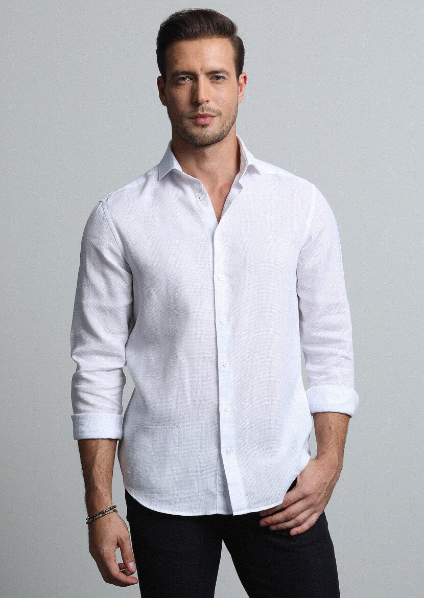 White Regular Fit Long Weaving Casual Cotton Blended Shirt - 2