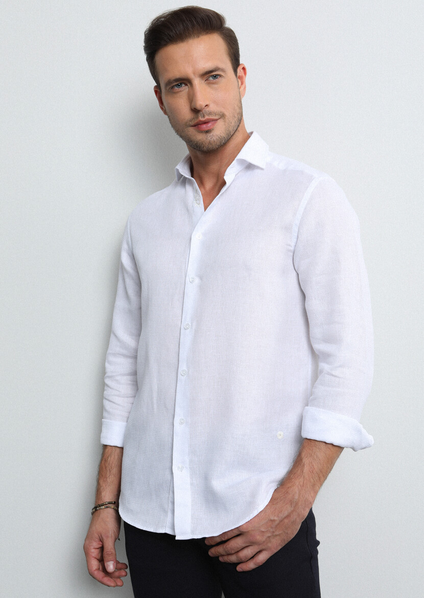 White Regular Fit Long Weaving Casual Cotton Blended Shirt - 3