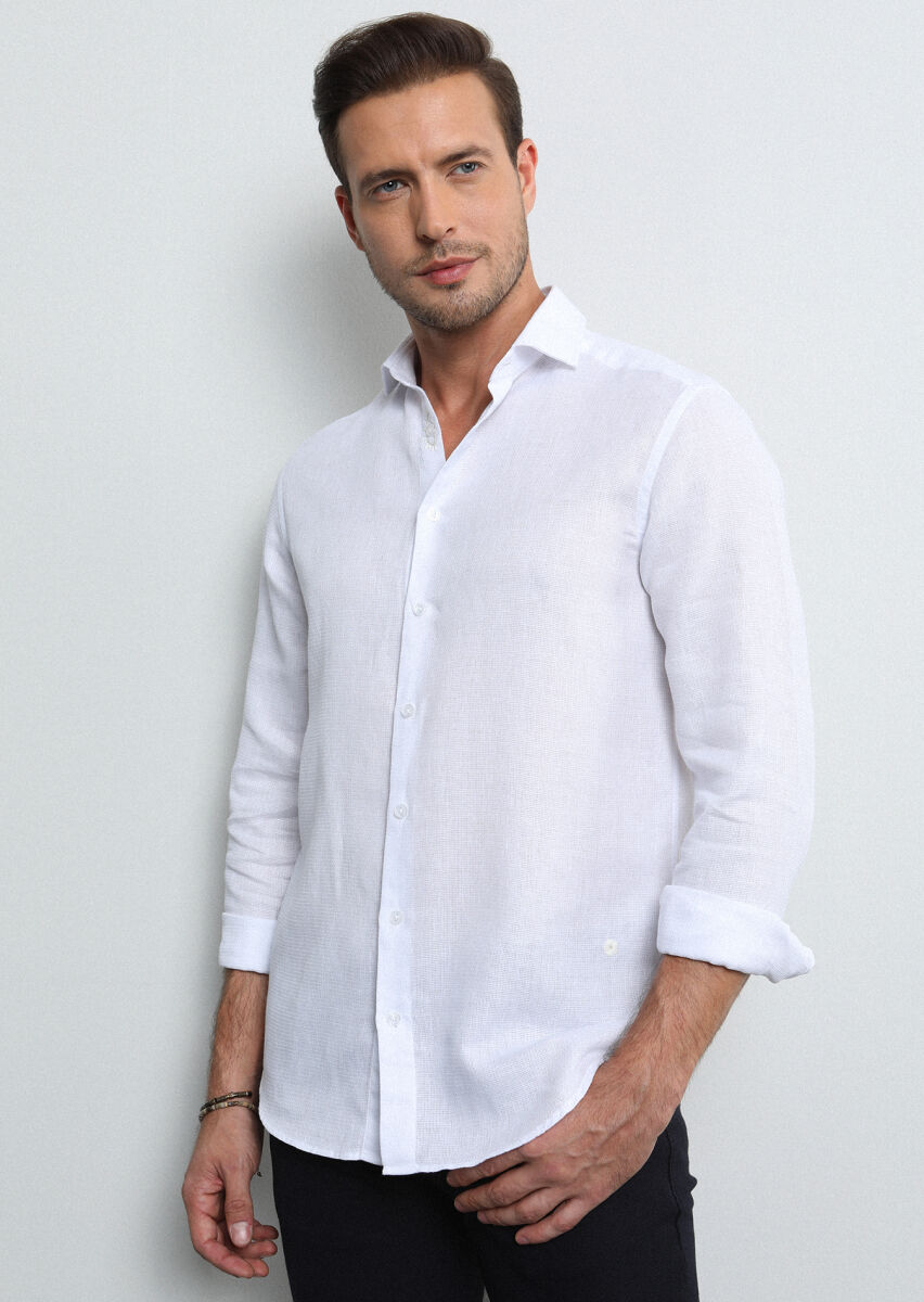 White Regular Fit Long Weaving Casual Cotton Blended Shirt - 3