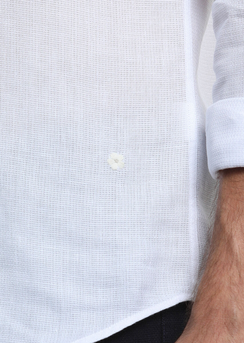 White Regular Fit Long Weaving Casual Cotton Blended Shirt - 4