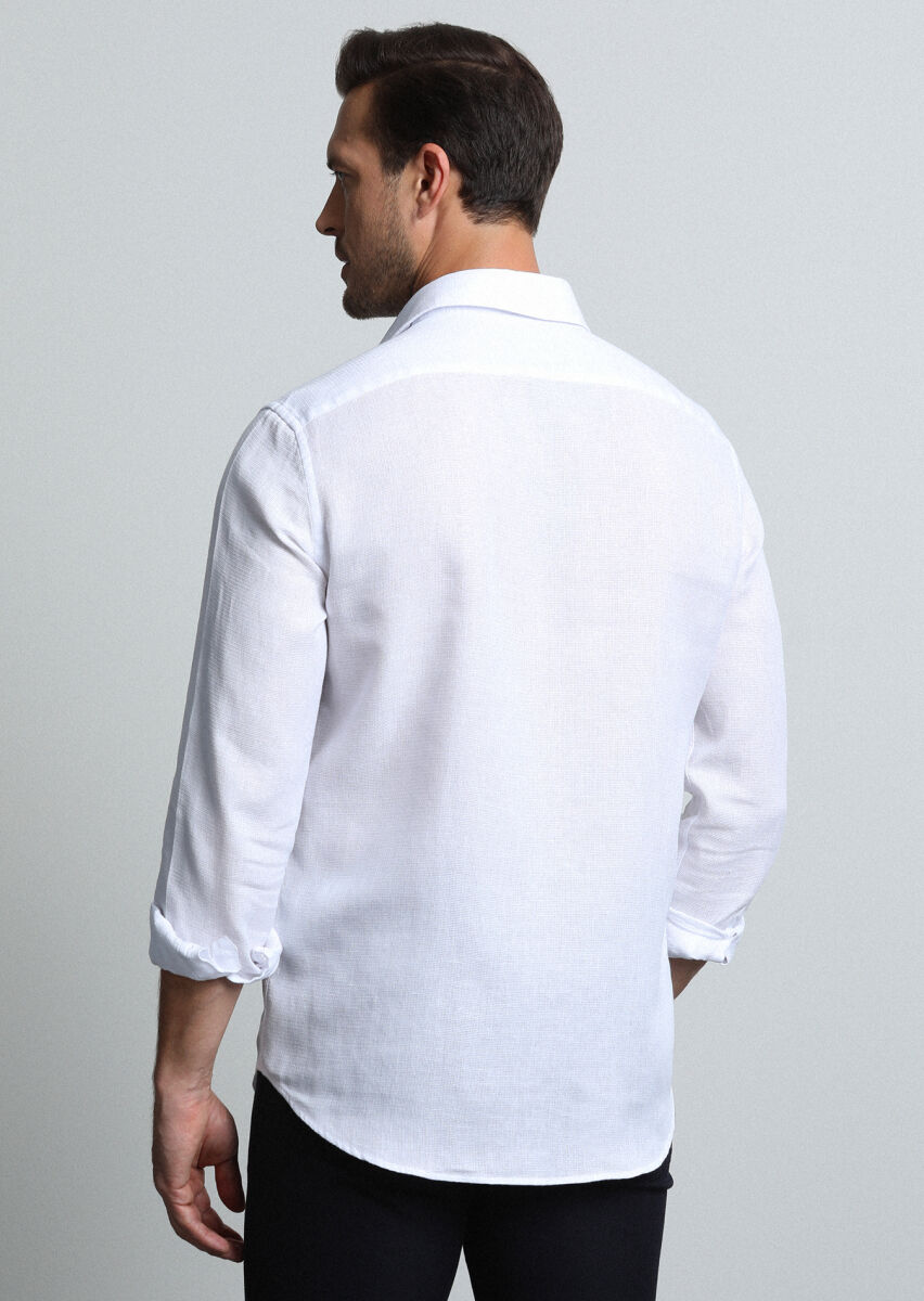 White Regular Fit Long Weaving Casual Cotton Blended Shirt - 5