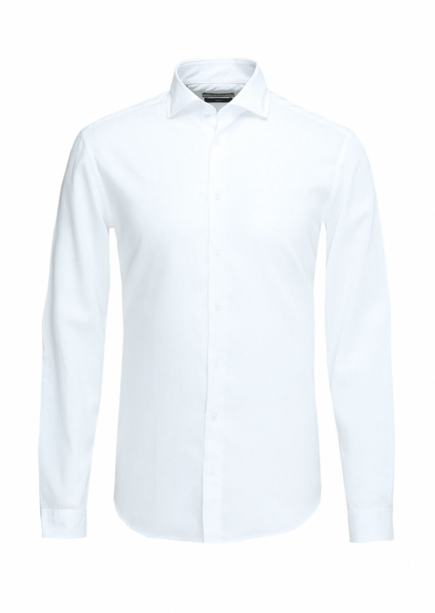 White Regular Fit Long Weaving Casual Cotton Blended Shirt - 1